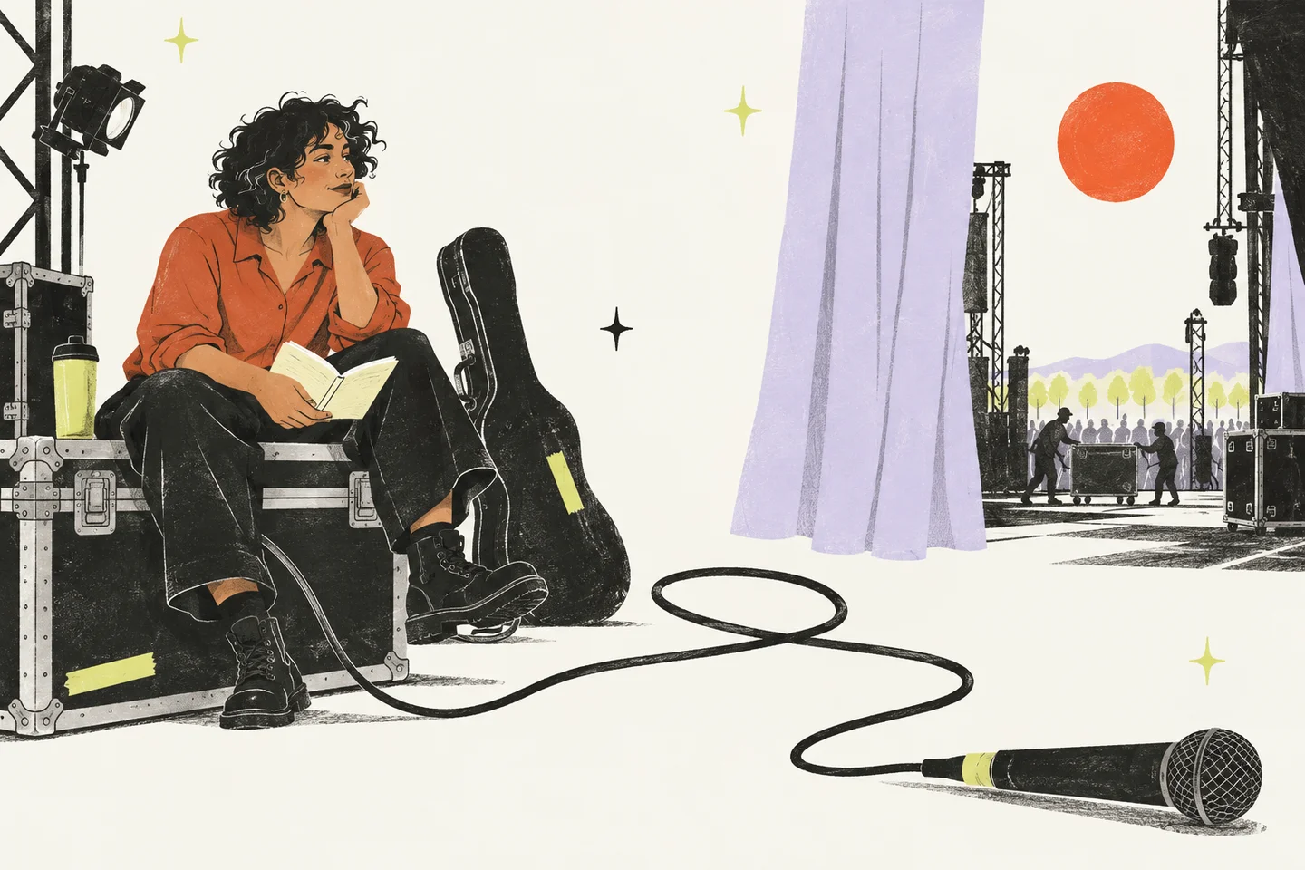 Illustration originale : une personne prépare un concert en coulisses